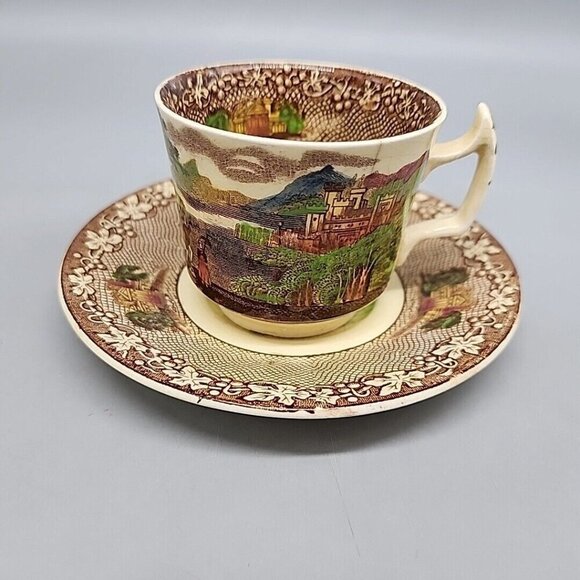 Staffordshire Jenny Lind Cup And Saucer Country Side Scene Brown And Cream Color - Picture 1 of 11